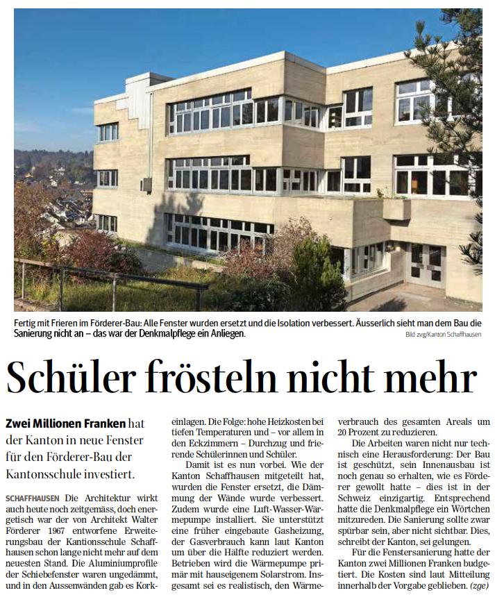 Sanierung Kantischulhaus, Schaffhausen Bericht SN 16.11.2017